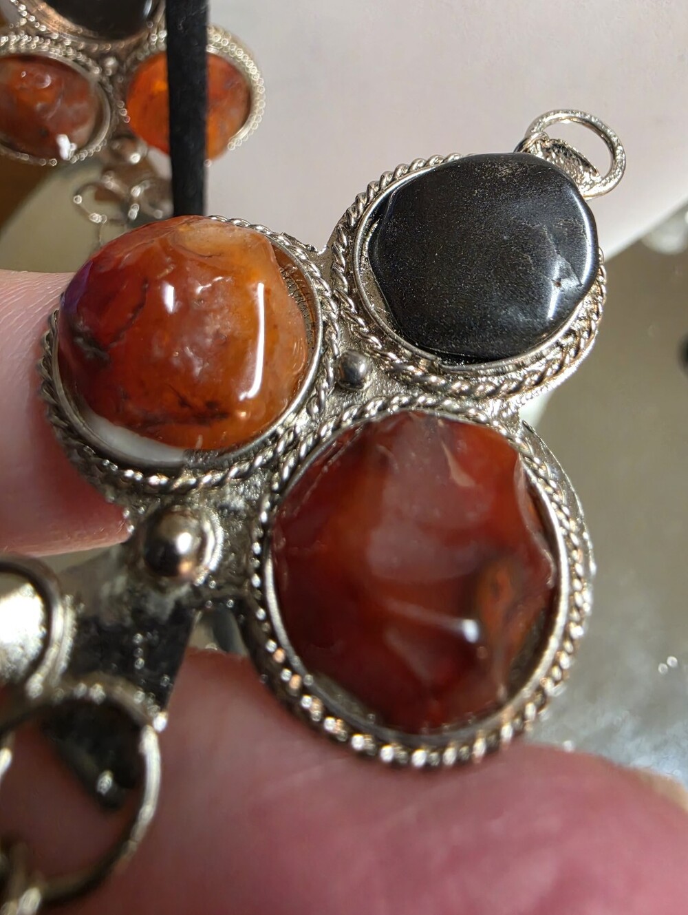 Artisan Tribal Carnelian and Jasper Trefoil  Statement Dangle  Pierced Earrings - Picture 2 of 6